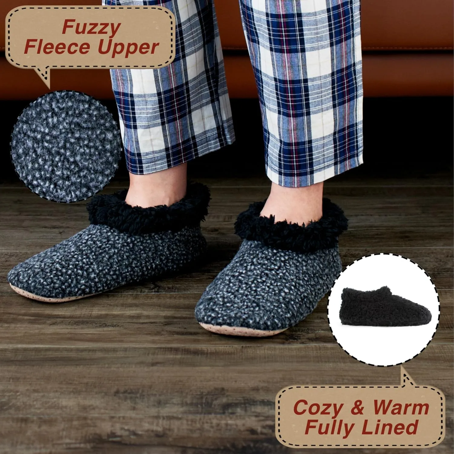 2-Pair Men's Slipper Socks Fluffy Sherpa Lined, Winter Cable Knit Warm Gripper Sock Set Non-Skid Soles, Cozy Gifts for Men, Sizes 8-15
