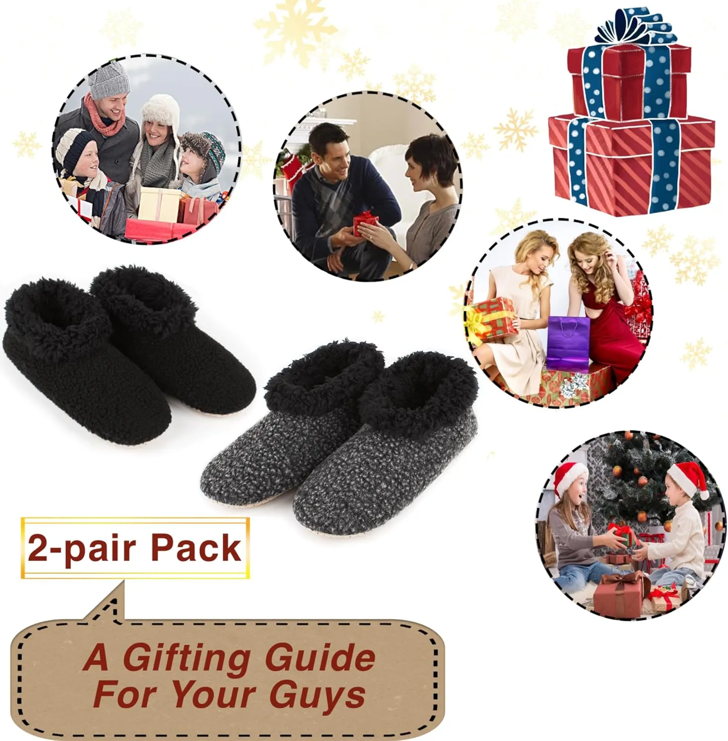 2-Pair Men's Slipper Socks Fluffy Sherpa Lined, Winter Cable Knit Warm Gripper Sock Set Non-Skid Soles, Cozy Gifts for Men, Sizes 8-15