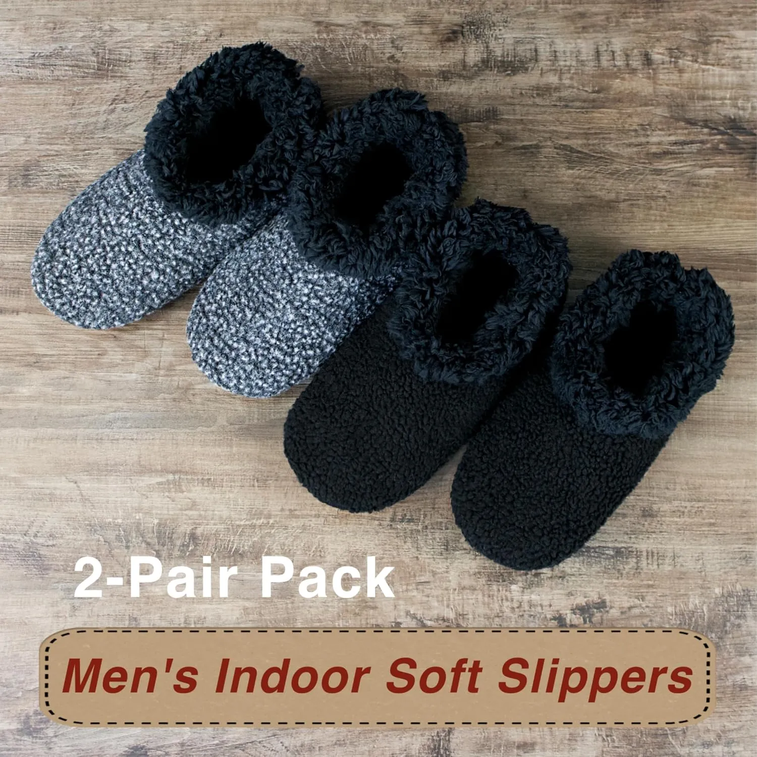 2-Pair Men's Slipper Socks Fluffy Sherpa Lined, Winter Cable Knit Warm Gripper Sock Set Non-Skid Soles, Cozy Gifts for Men, Sizes 8-15