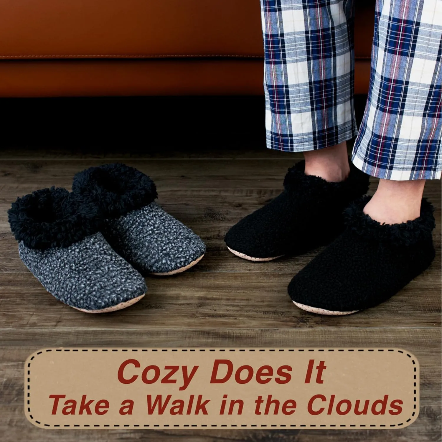 2-Pair Men's Slipper Socks Fluffy Sherpa Lined, Winter Cable Knit Warm Gripper Sock Set Non-Skid Soles, Cozy Gifts for Men, Sizes 8-15