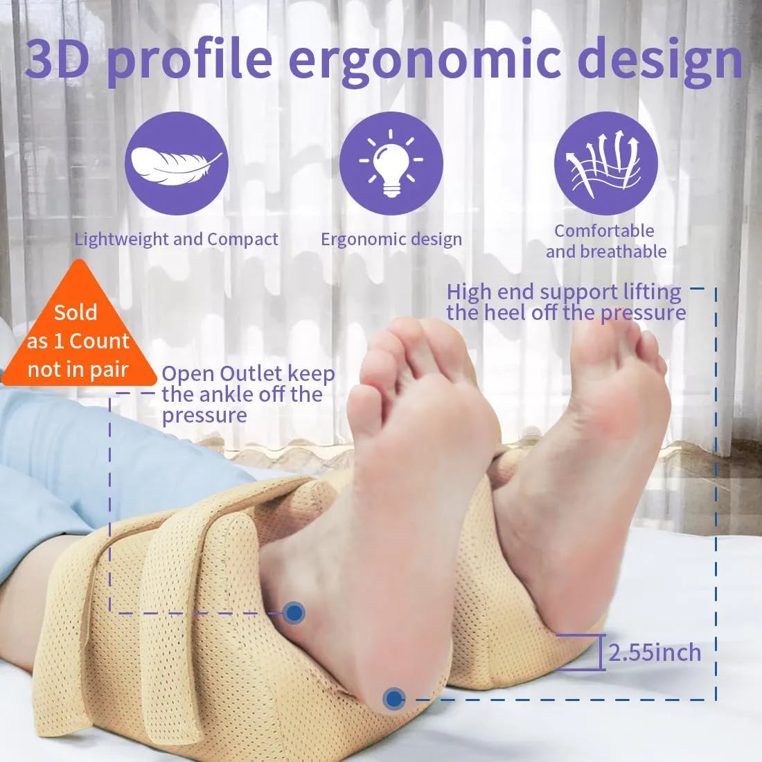3D Heel Protectors Bed Sore Pillow Cushion for Pressure Sores,Foot Pillows Support Boot for Bedridden Patients Supplies, Ankle Pillow Heel Protector for Heel Pain（Khaki Pack of 1）