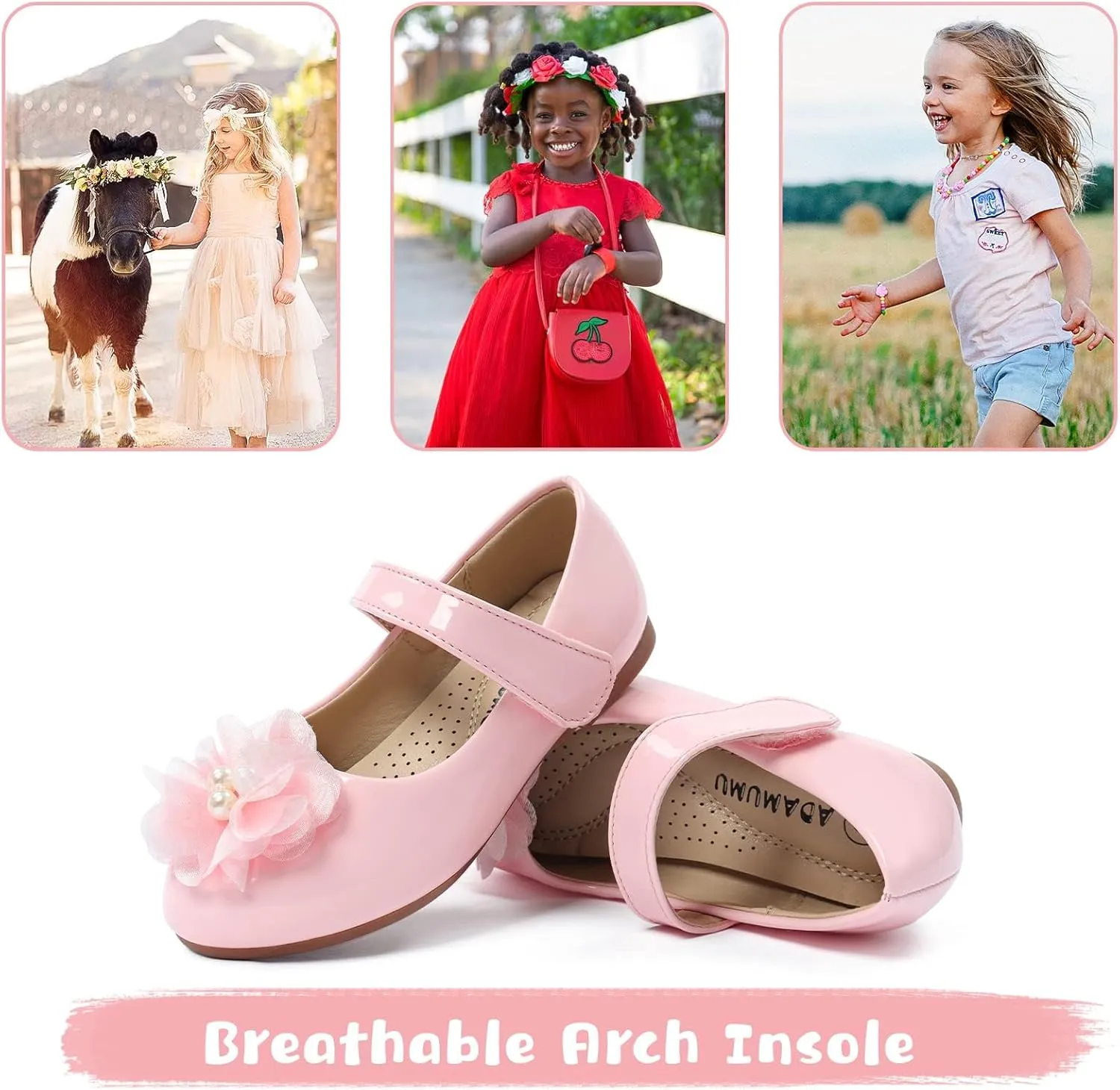 ADAMUMU Toddler Dress Shoes Flower Girl Shoes for Weeding Cute Toddler Mary Jane Shoes Lace Flore Ballet Flat for Walking, Jumping