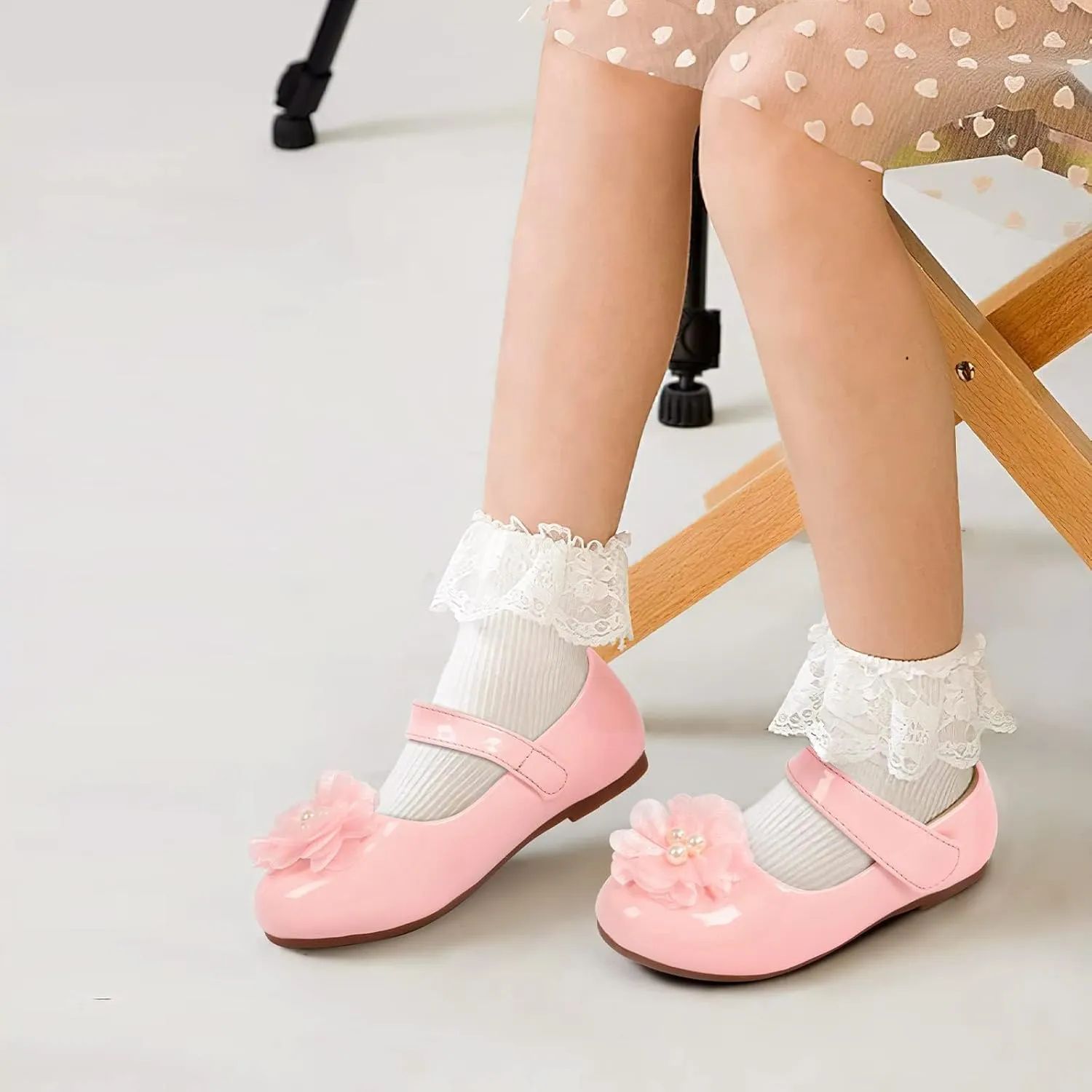 ADAMUMU Toddler Dress Shoes Flower Girl Shoes for Weeding Cute Toddler Mary Jane Shoes Lace Flore Ballet Flat for Walking, Jumping