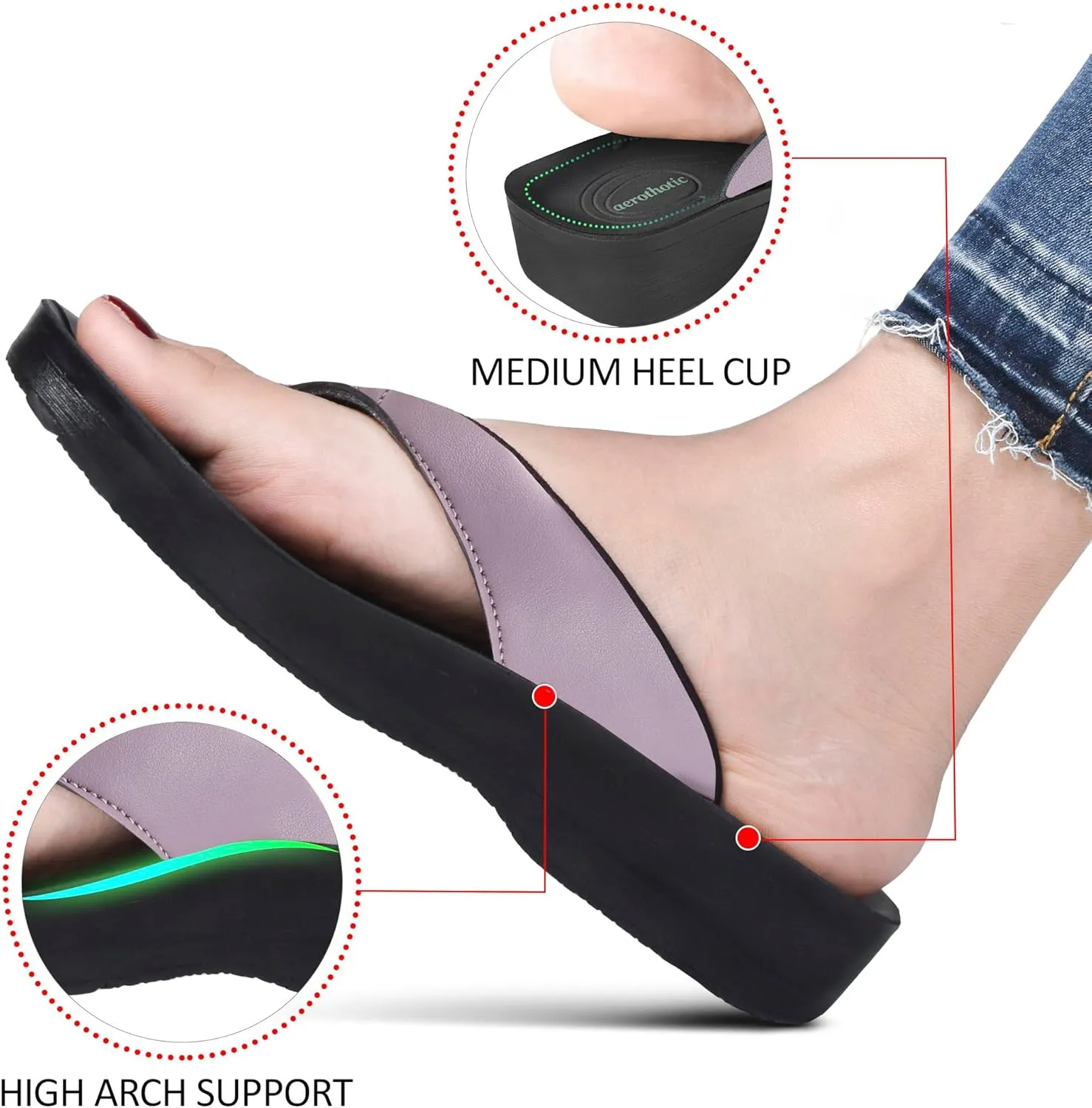 AEROTHOTIC Arch Support Flip Flops for women Stylish Cushioned Padded Straps with Soft Toe Post Slip on Footwear Dressy Travel Recovery Outdoor Comfortable Walking Women Sandals