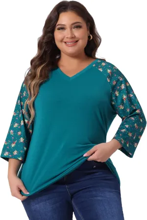 Agnes Orinda Women's Plus Size Tops Casual V Neck 3/4 Sleeve Floral Raglan Top Tshirt 2024