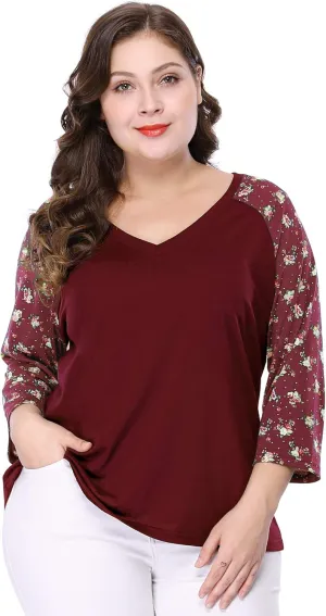 Agnes Orinda Women's Plus Size Tops Casual V Neck 3/4 Sleeve Floral Raglan Top Tshirt 2024