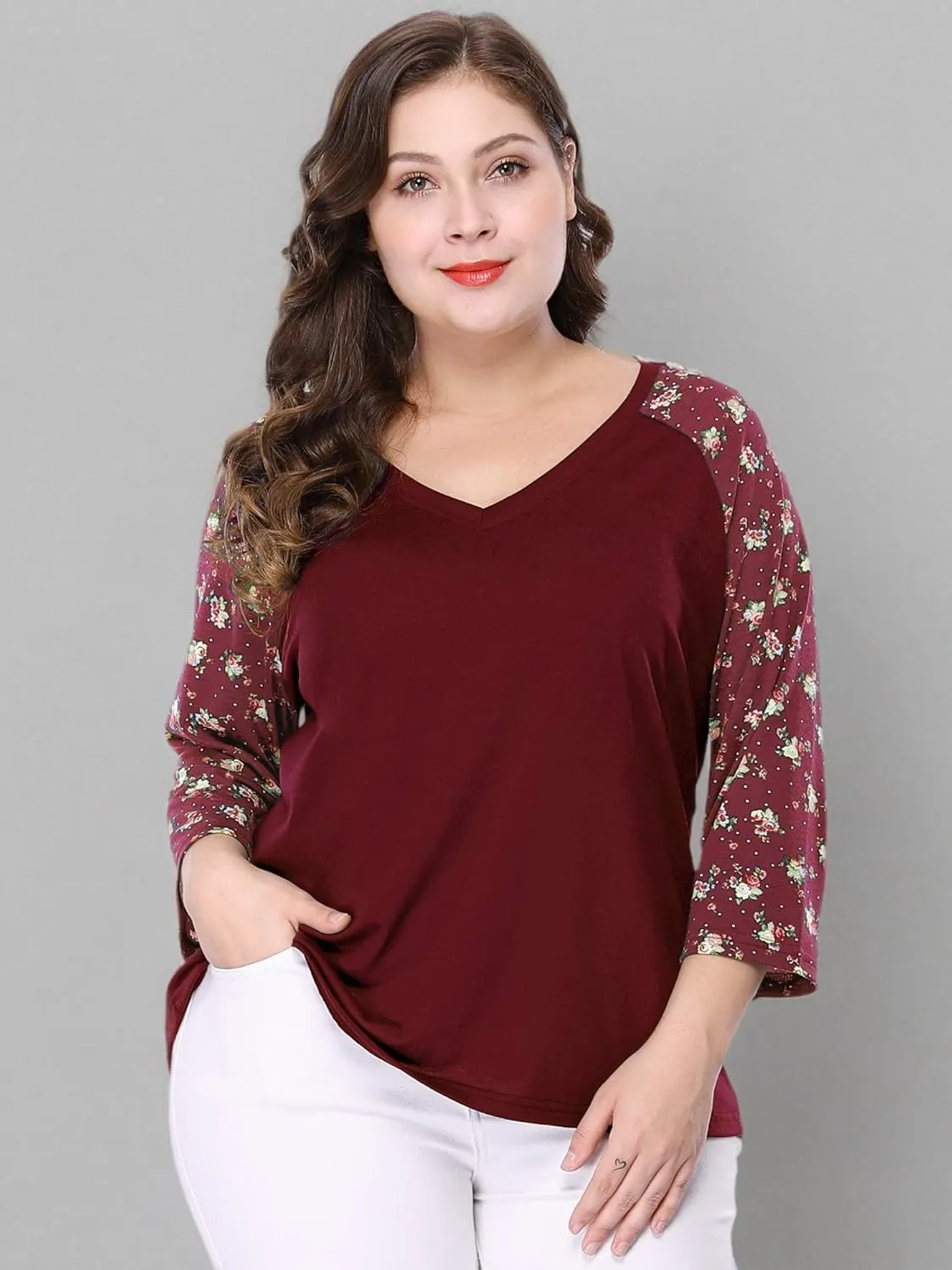 Agnes Orinda Women's Plus Size Tops Casual V Neck 3/4 Sleeve Floral Raglan Top Tshirt 2024