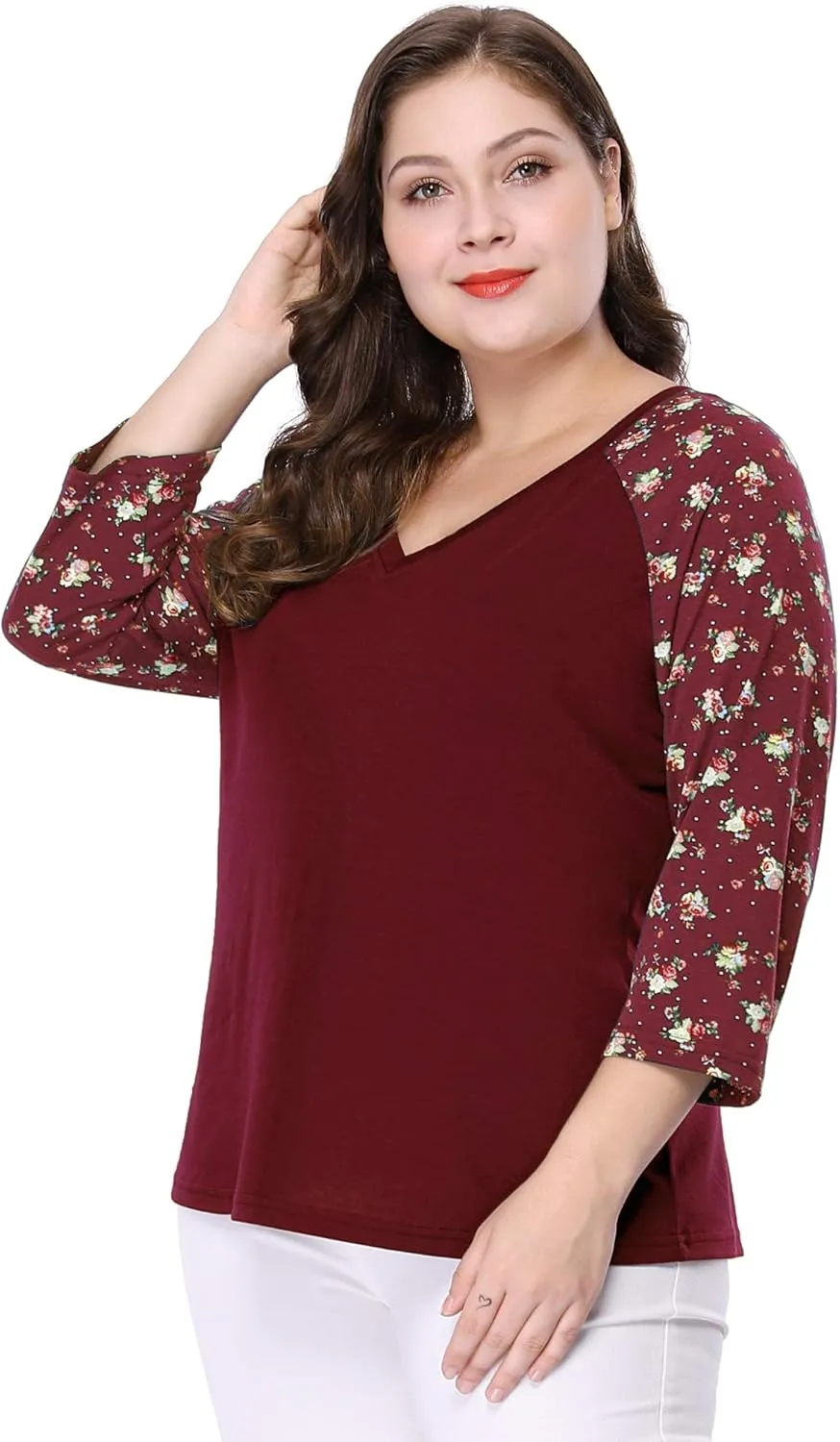Agnes Orinda Women's Plus Size Tops Casual V Neck 3/4 Sleeve Floral Raglan Top Tshirt 2024