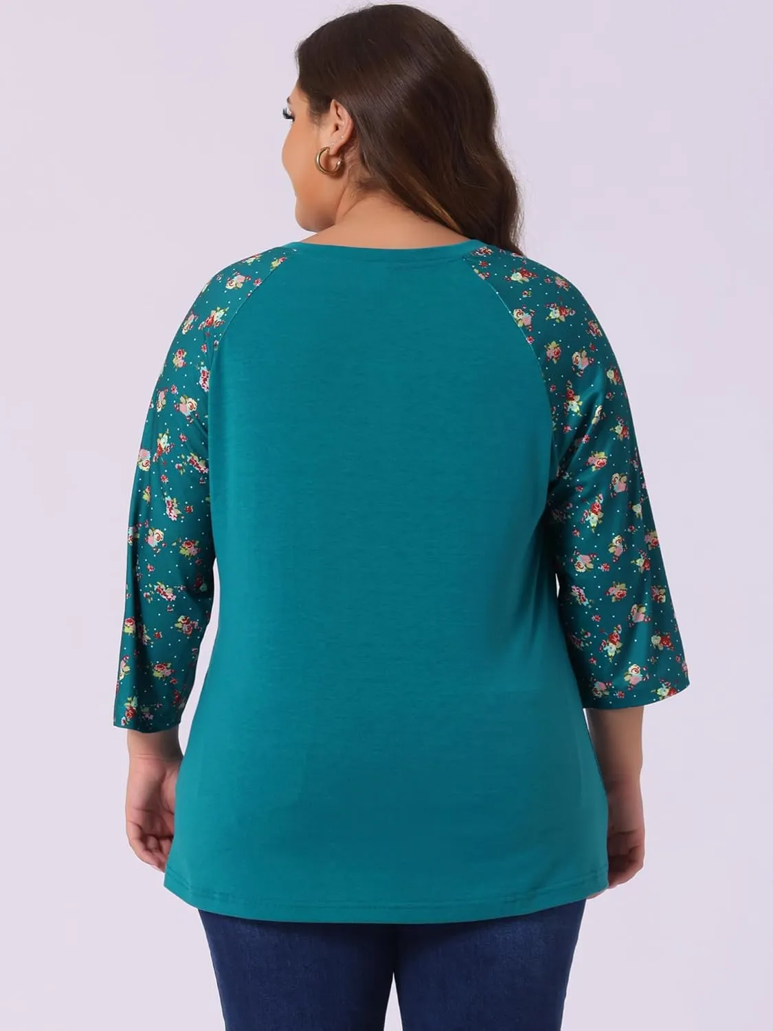 Agnes Orinda Women's Plus Size Tops Casual V Neck 3/4 Sleeve Floral Raglan Top Tshirt 2024