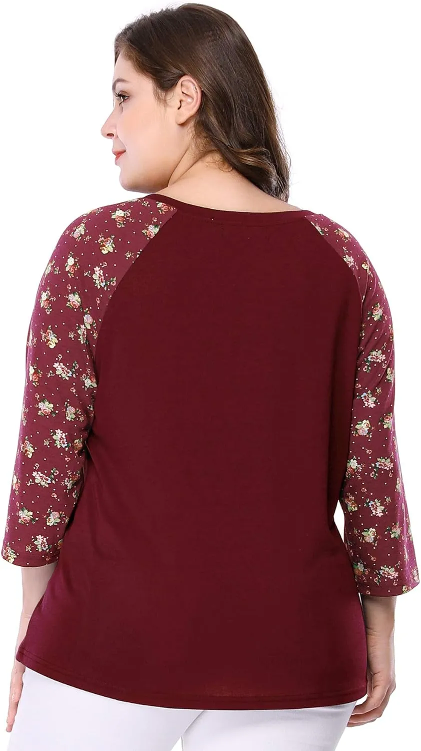 Agnes Orinda Women's Plus Size Tops Casual V Neck 3/4 Sleeve Floral Raglan Top Tshirt 2024