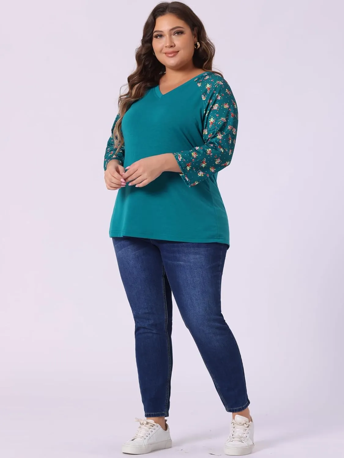 Agnes Orinda Women's Plus Size Tops Casual V Neck 3/4 Sleeve Floral Raglan Top Tshirt 2024