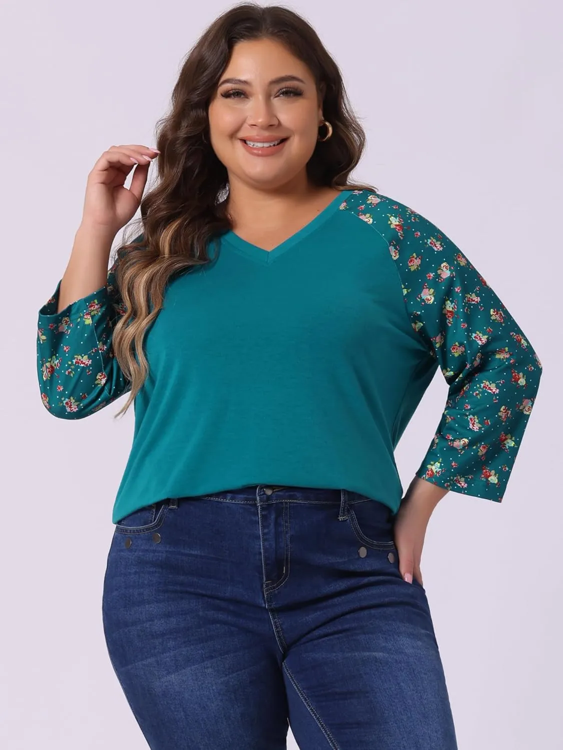 Agnes Orinda Women's Plus Size Tops Casual V Neck 3/4 Sleeve Floral Raglan Top Tshirt 2024