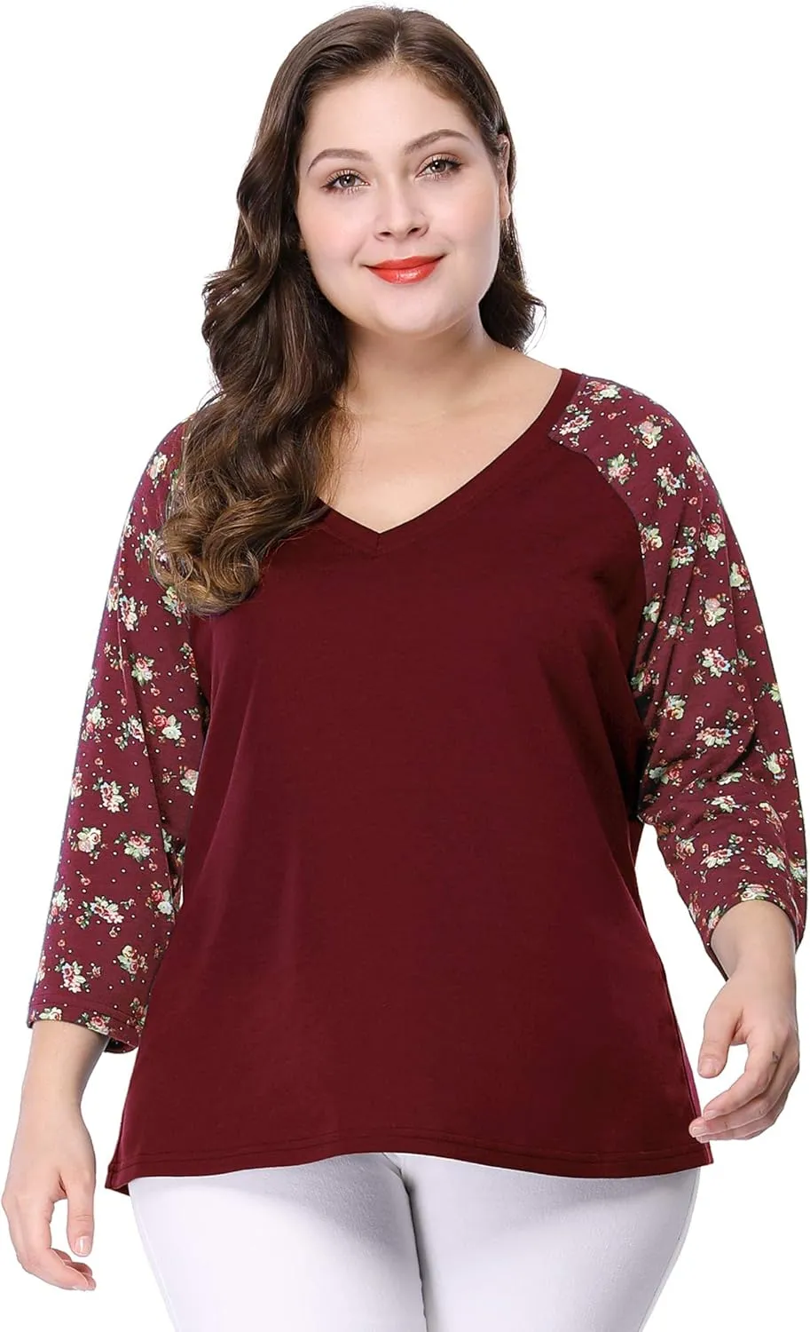Agnes Orinda Women's Plus Size Tops Casual V Neck 3/4 Sleeve Floral Raglan Top Tshirt 2024