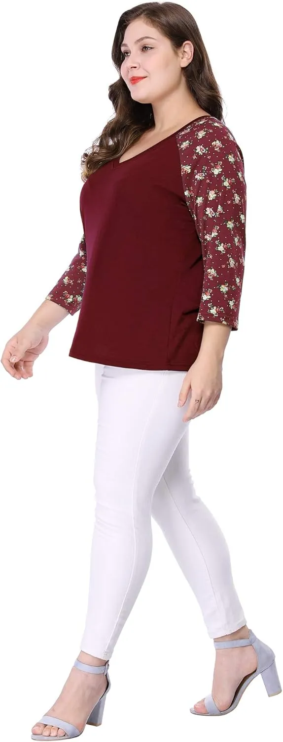 Agnes Orinda Women's Plus Size Tops Casual V Neck 3/4 Sleeve Floral Raglan Top Tshirt 2024