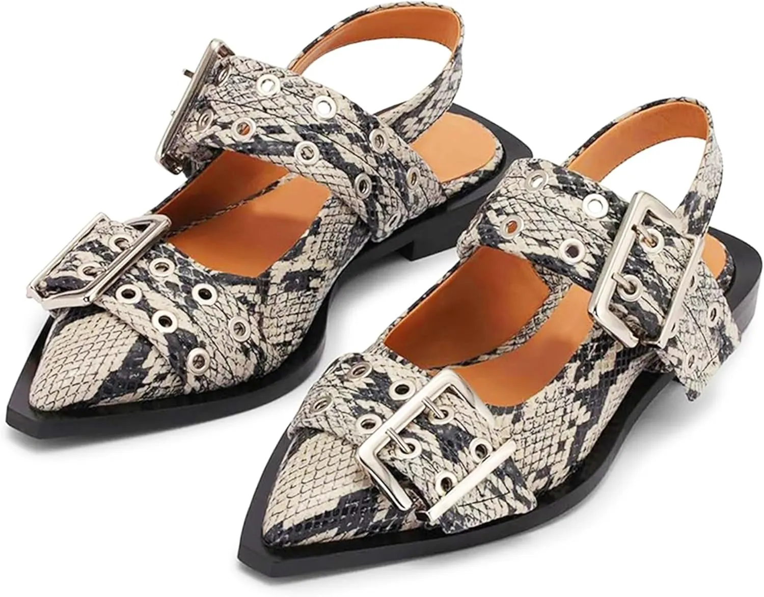Aimery Women Buckle Ballet Flats Pointed Toe Slingback Wide Flat Casual Comfortable Ballerina Block Heel Shoes