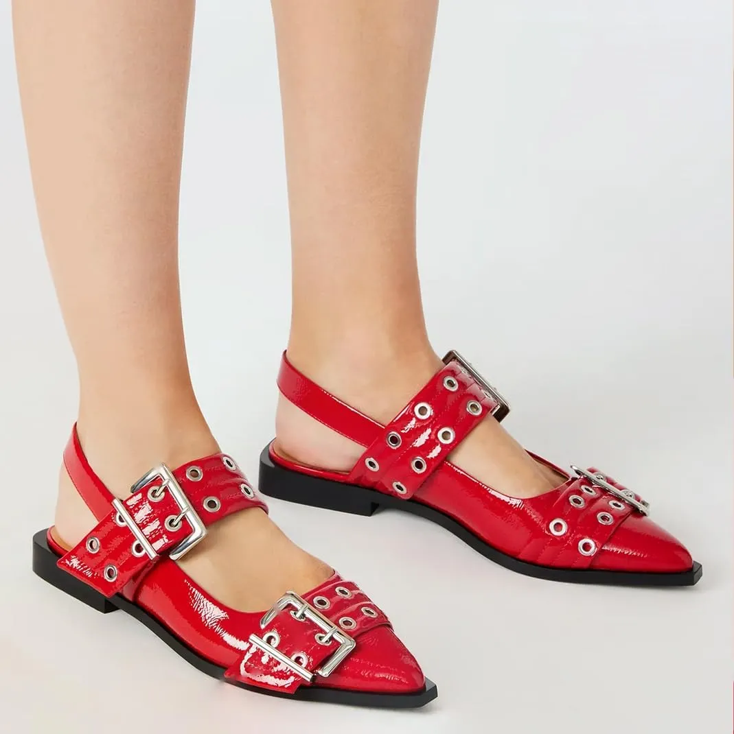 Aimery Women Buckle Ballet Flats Pointed Toe Slingback Wide Flat Casual Comfortable Ballerina Block Heel Shoes