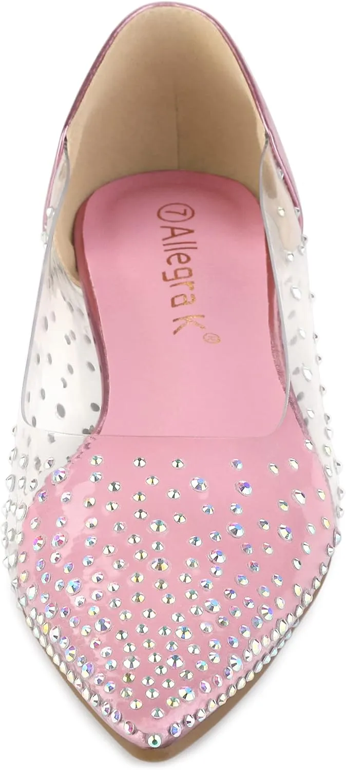 Allegra K Women's Pointed Toe Clear Rhinestone Ballet Flats