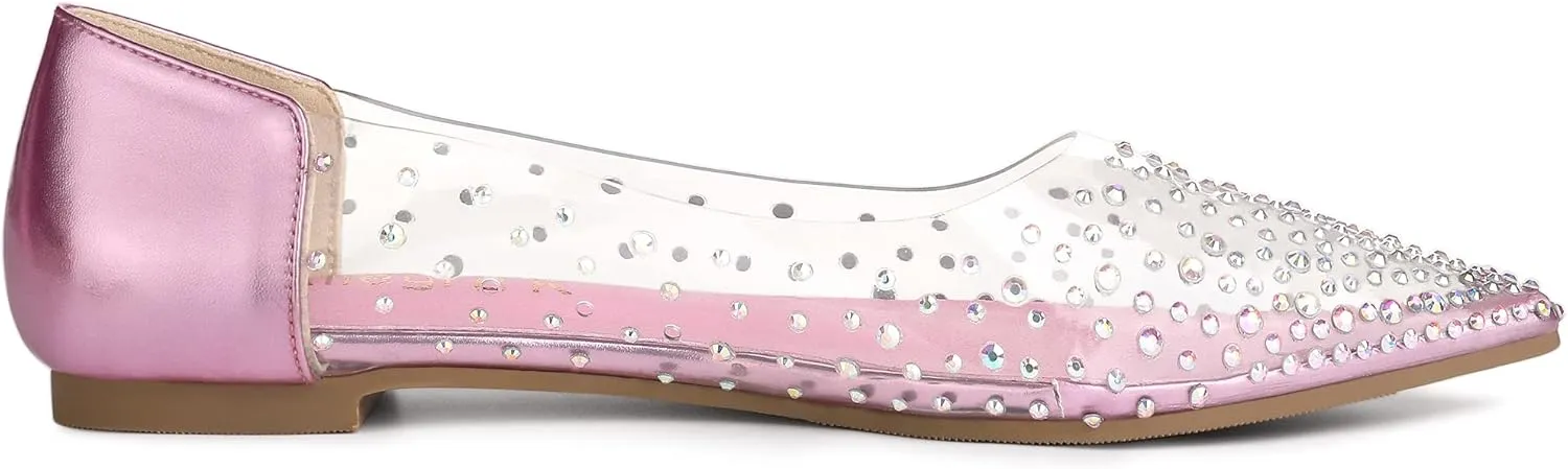 Allegra K Women's Pointed Toe Clear Rhinestone Ballet Flats