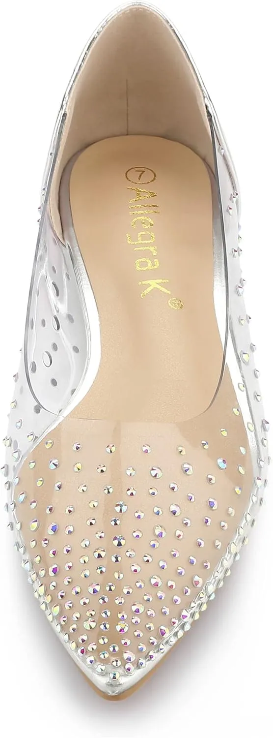 Allegra K Women's Pointed Toe Clear Rhinestone Ballet Flats