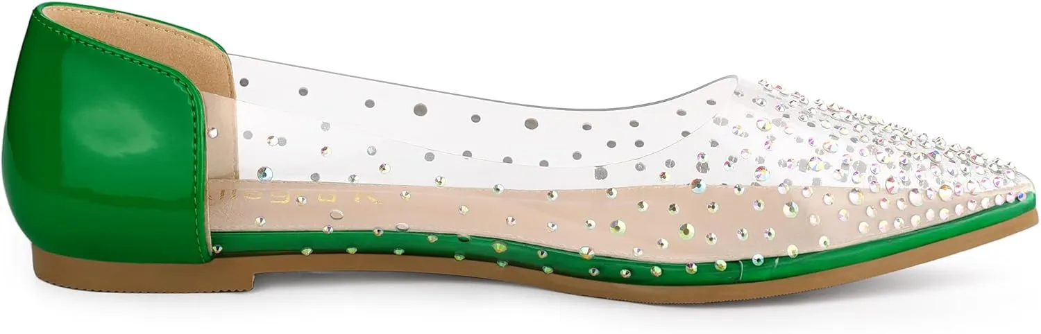 Allegra K Women's Pointed Toe Clear Rhinestone Ballet Flats