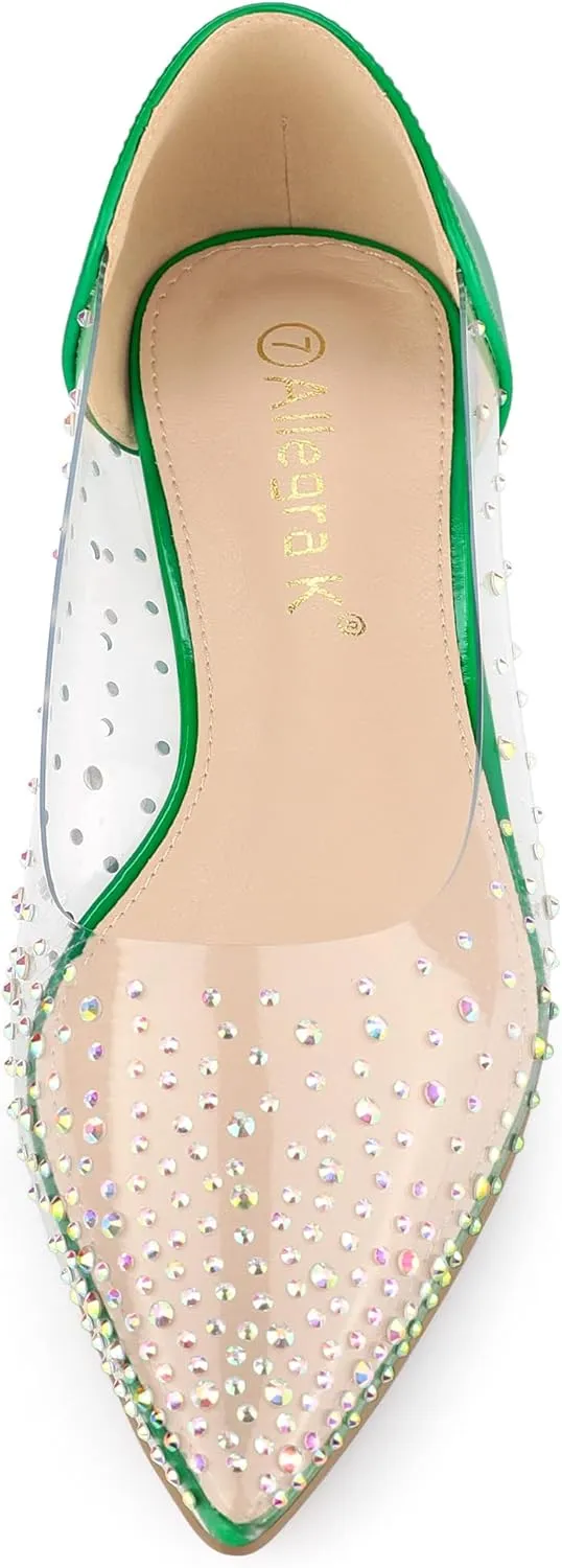 Allegra K Women's Pointed Toe Clear Rhinestone Ballet Flats