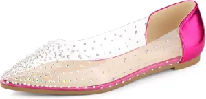 Allegra K Women's Pointed Toe Clear Rhinestone Ballet Flats