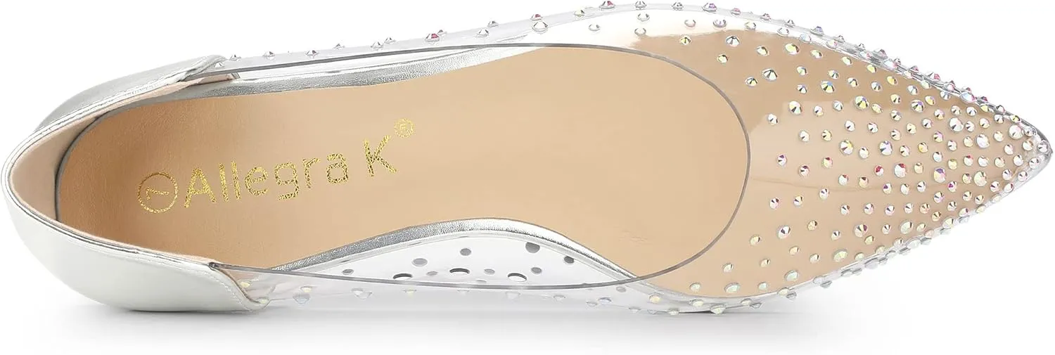Allegra K Women's Pointed Toe Clear Rhinestone Ballet Flats