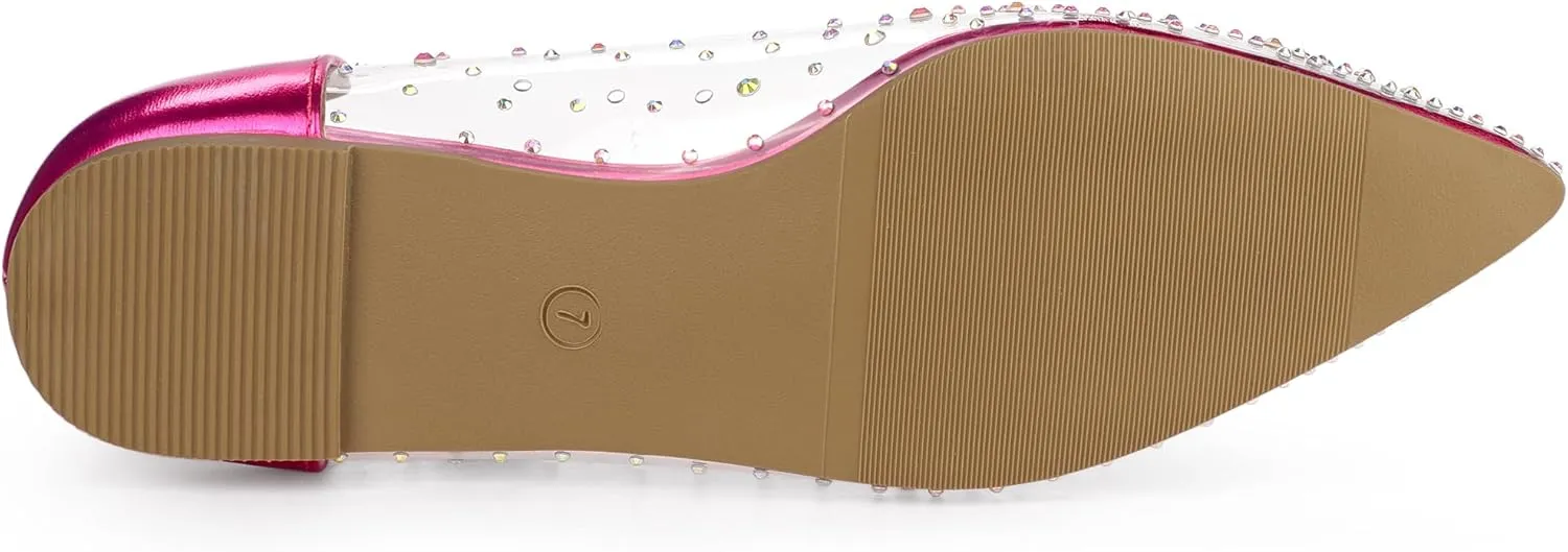 Allegra K Women's Pointed Toe Clear Rhinestone Ballet Flats