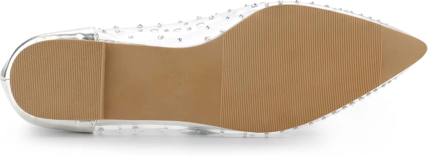 Allegra K Women's Pointed Toe Clear Rhinestone Ballet Flats