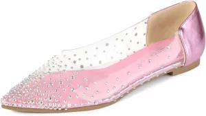 Allegra K Women's Pointed Toe Clear Rhinestone Ballet Flats