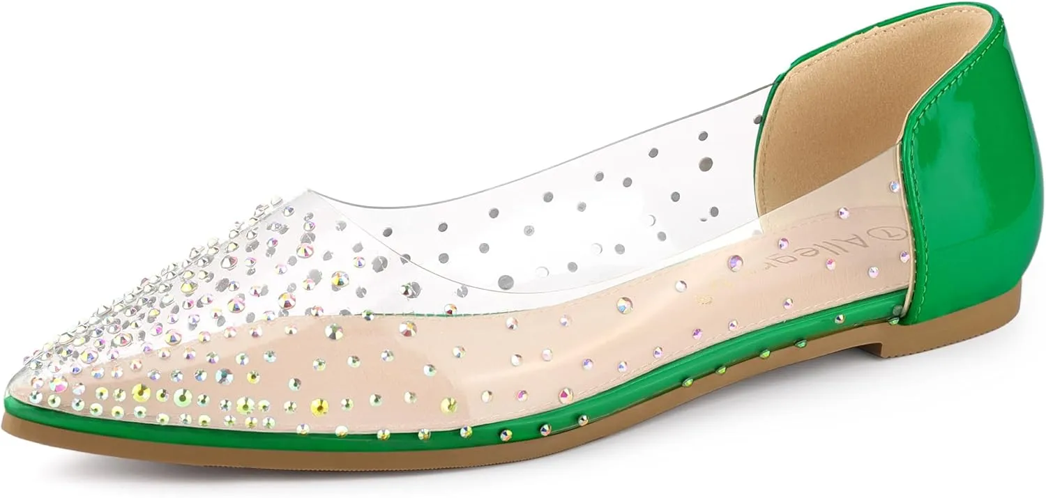 Allegra K Women's Pointed Toe Clear Rhinestone Ballet Flats