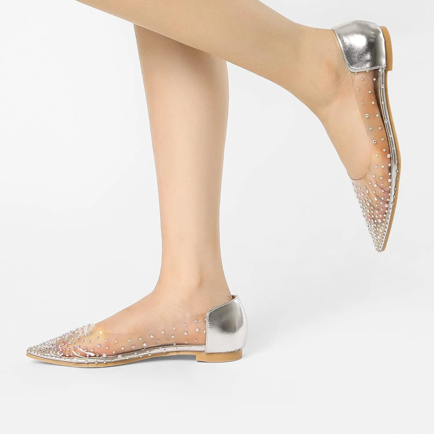 Allegra K Women's Pointed Toe Clear Rhinestone Ballet Flats