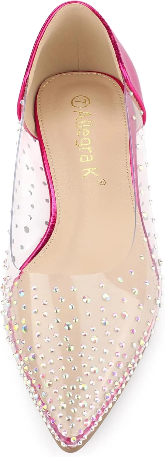 Allegra K Women's Pointed Toe Clear Rhinestone Ballet Flats