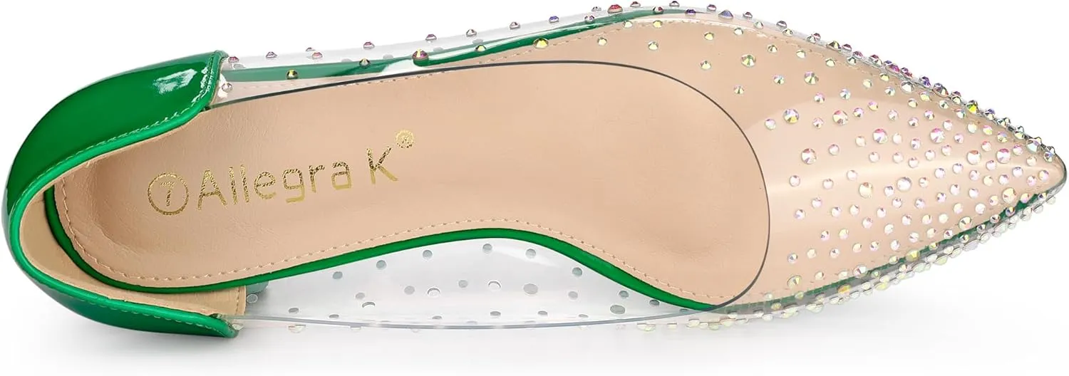 Allegra K Women's Pointed Toe Clear Rhinestone Ballet Flats