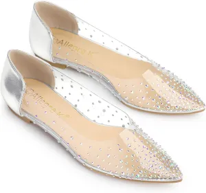 Allegra K Women's Pointed Toe Clear Rhinestone Ballet Flats