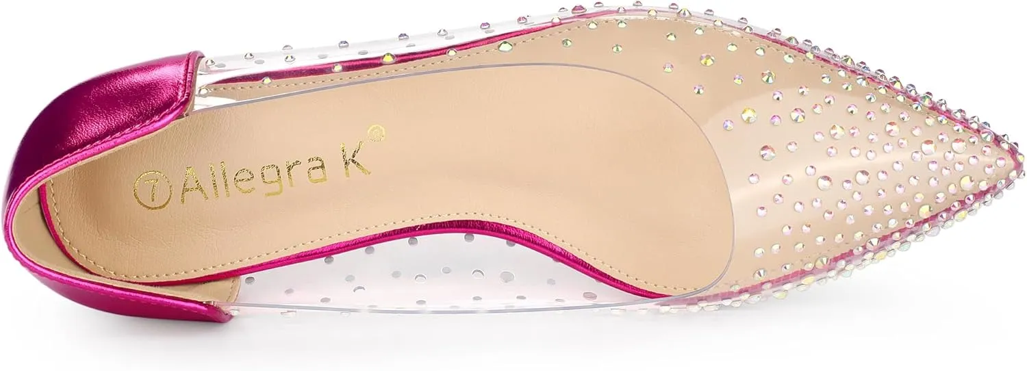 Allegra K Women's Pointed Toe Clear Rhinestone Ballet Flats