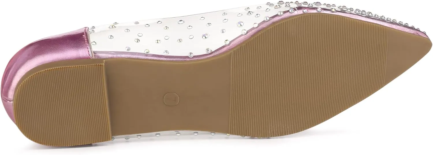 Allegra K Women's Pointed Toe Clear Rhinestone Ballet Flats