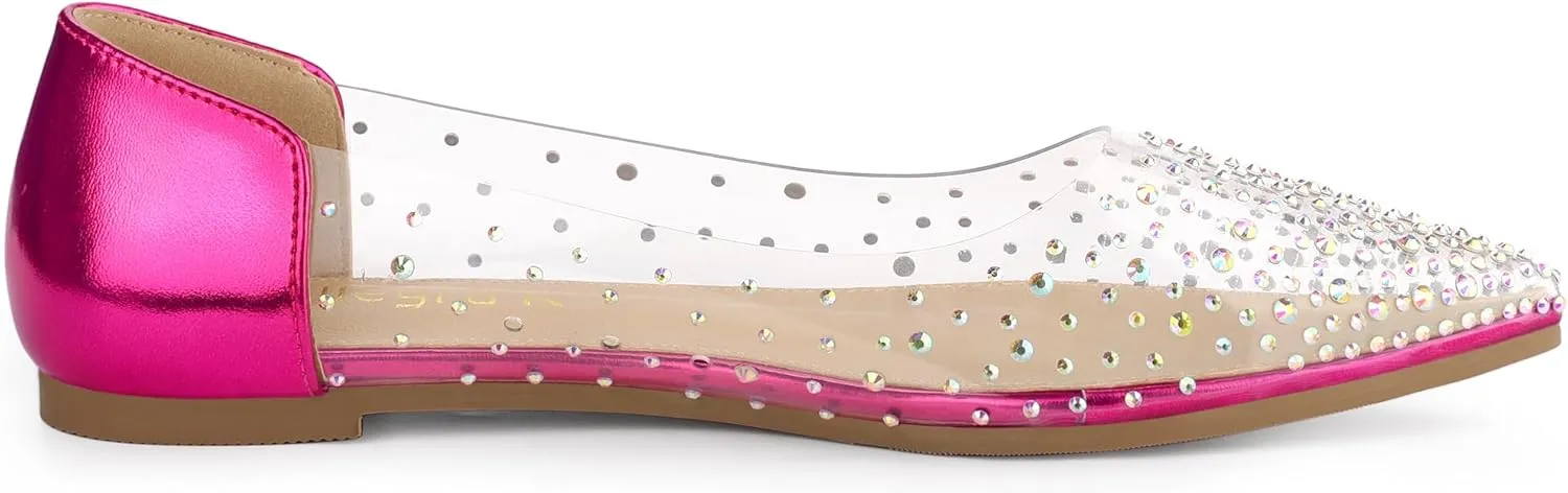 Allegra K Women's Pointed Toe Clear Rhinestone Ballet Flats