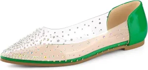 Allegra K Women's Pointed Toe Clear Rhinestone Ballet Flats