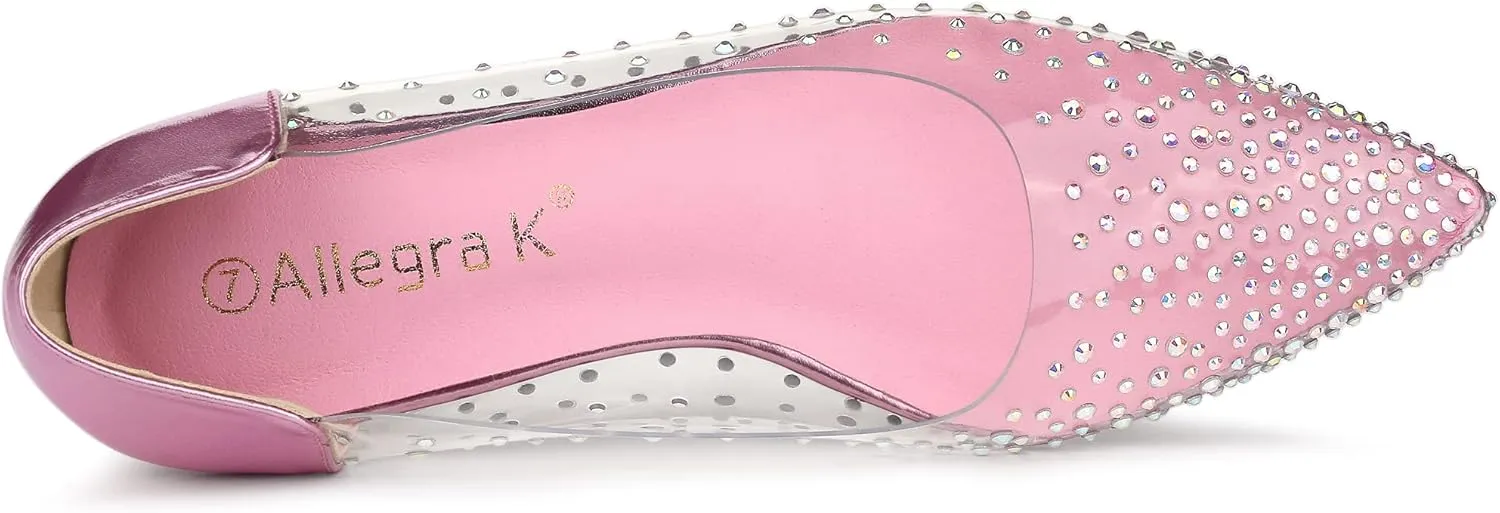 Allegra K Women's Pointed Toe Clear Rhinestone Ballet Flats