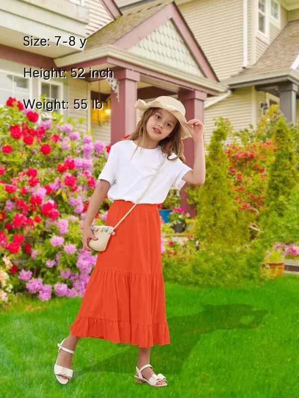 ALWAYSONE Girls' Casual Midi Skirt Soft Cotton Maxi Skirts Long Skirt with Elastic Waist for Girls 3-14 Year（XS-2XL）