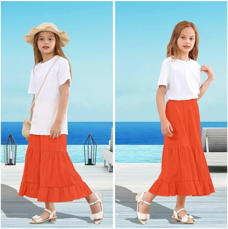 ALWAYSONE Girls' Casual Midi Skirt Soft Cotton Maxi Skirts Long Skirt with Elastic Waist for Girls 3-14 Year（XS-2XL）