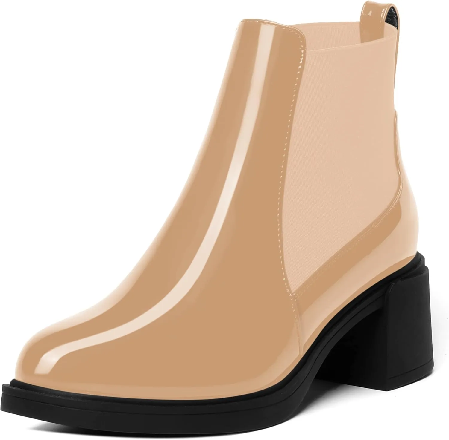 AMBELIGHT Womens Office Patent Chelsea Casual Elastic Round Toe Solid Chunky Mid Heel Ankle High Boots 2.5 Inch