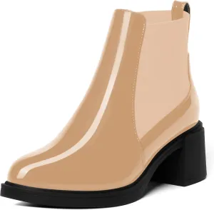 AMBELIGHT Womens Office Patent Chelsea Casual Elastic Round Toe Solid Chunky Mid Heel Ankle High Boots 2.5 Inch