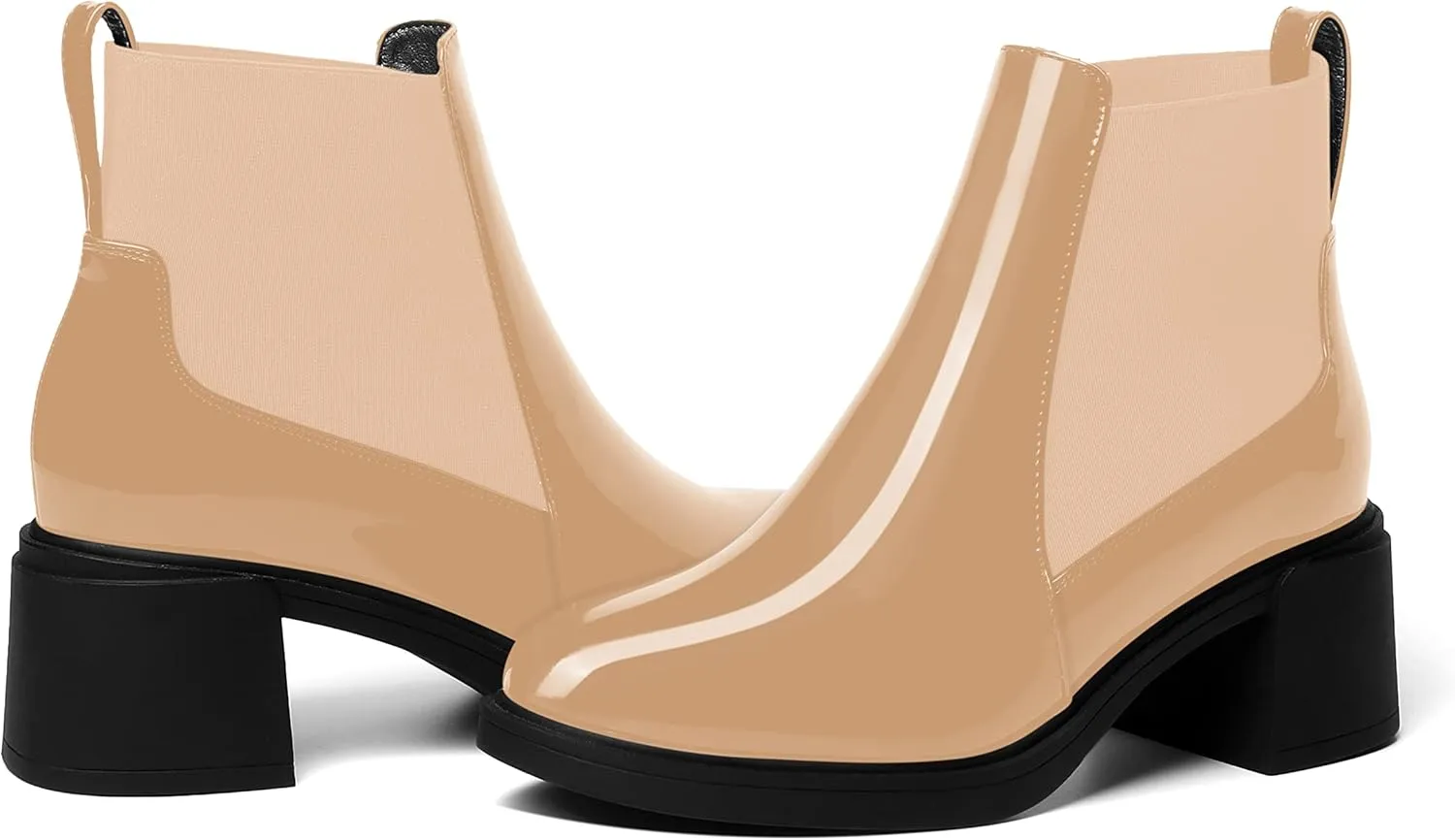 AMBELIGHT Womens Office Patent Chelsea Casual Elastic Round Toe Solid Chunky Mid Heel Ankle High Boots 2.5 Inch