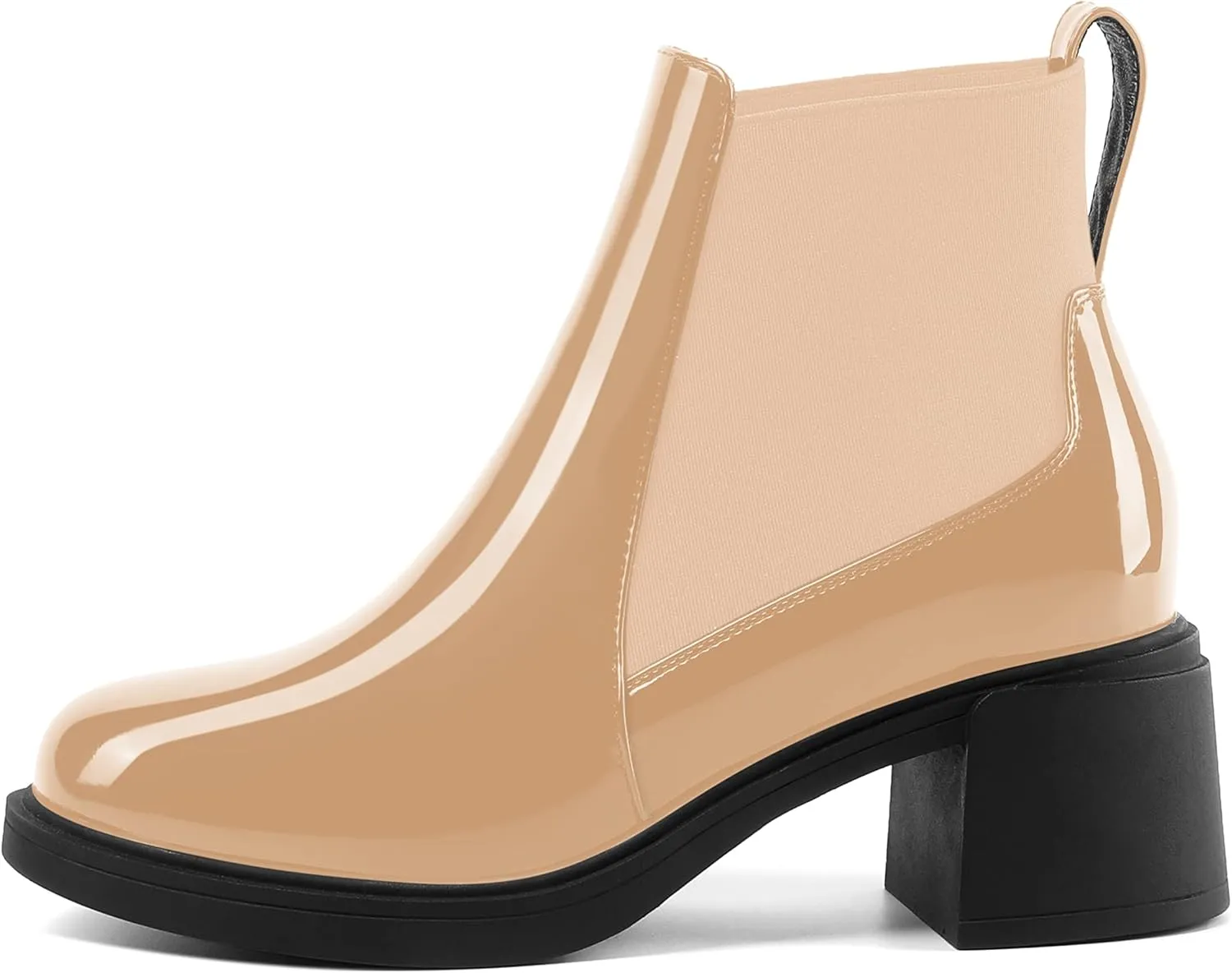 AMBELIGHT Womens Office Patent Chelsea Casual Elastic Round Toe Solid Chunky Mid Heel Ankle High Boots 2.5 Inch