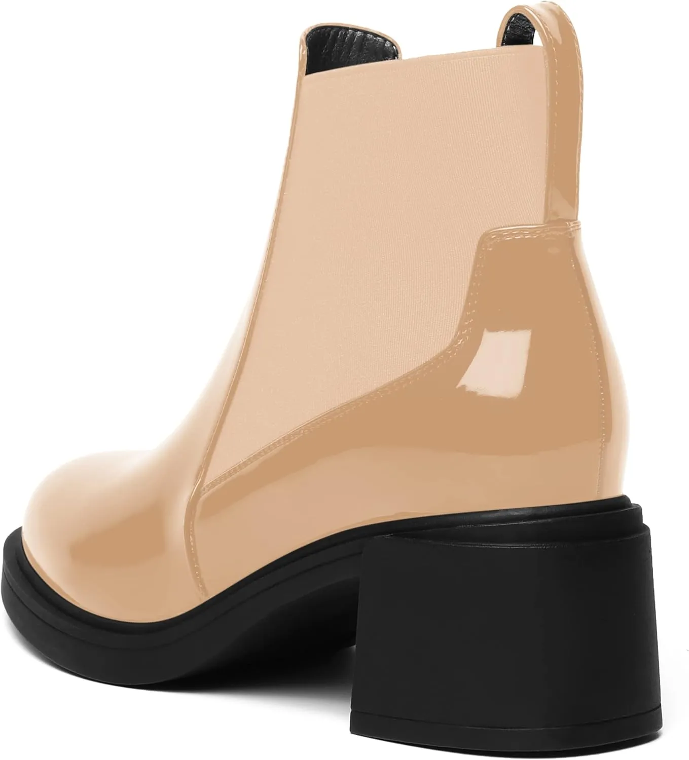 AMBELIGHT Womens Office Patent Chelsea Casual Elastic Round Toe Solid Chunky Mid Heel Ankle High Boots 2.5 Inch
