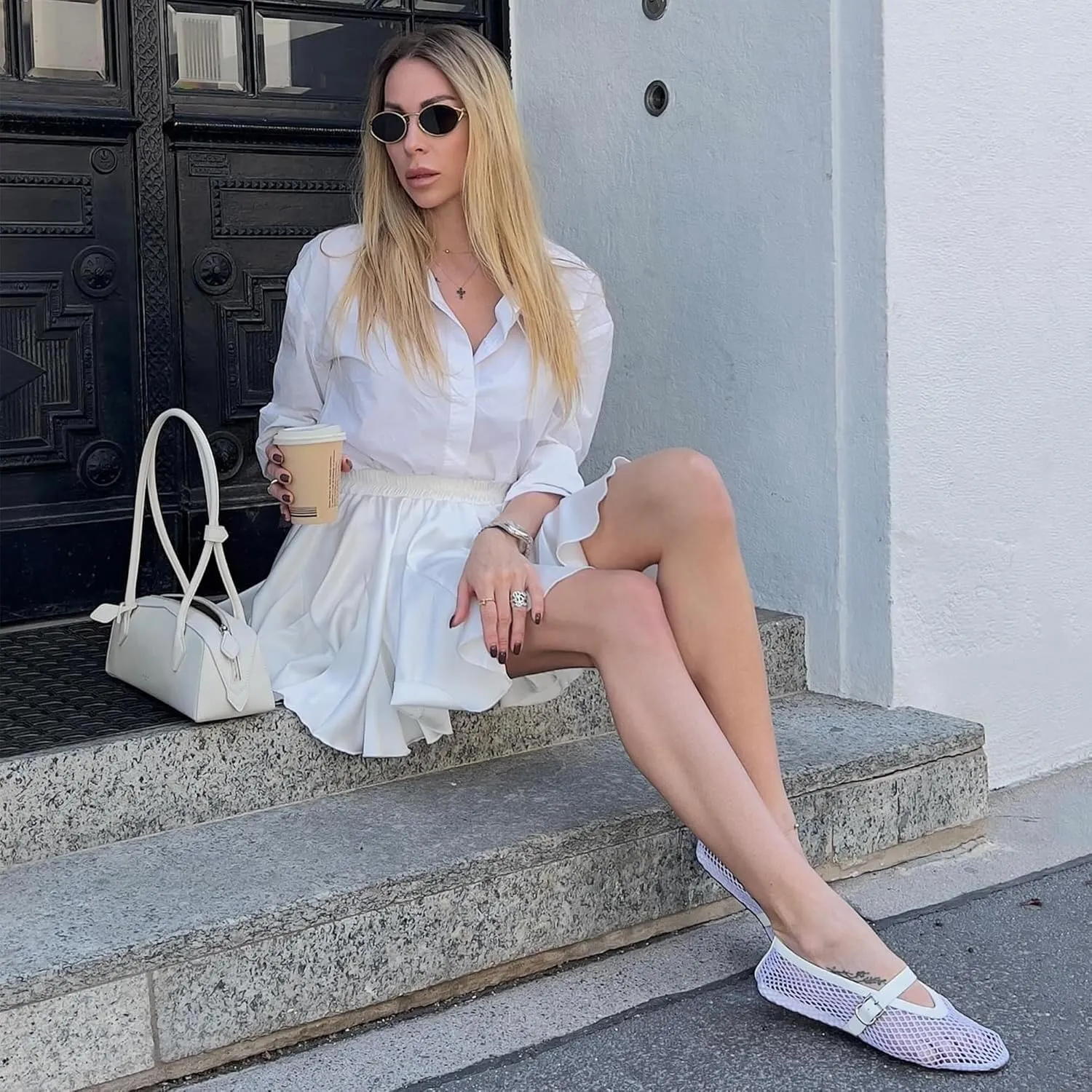 AMINUGAL Mesh Ballet Flats Shoes for Women Fashion Round Toe Fishnet Flats for Women Buckle Strap Mary Jane Shoes Women Comfortable Casual Office Daily Dress Ballerina Shoes