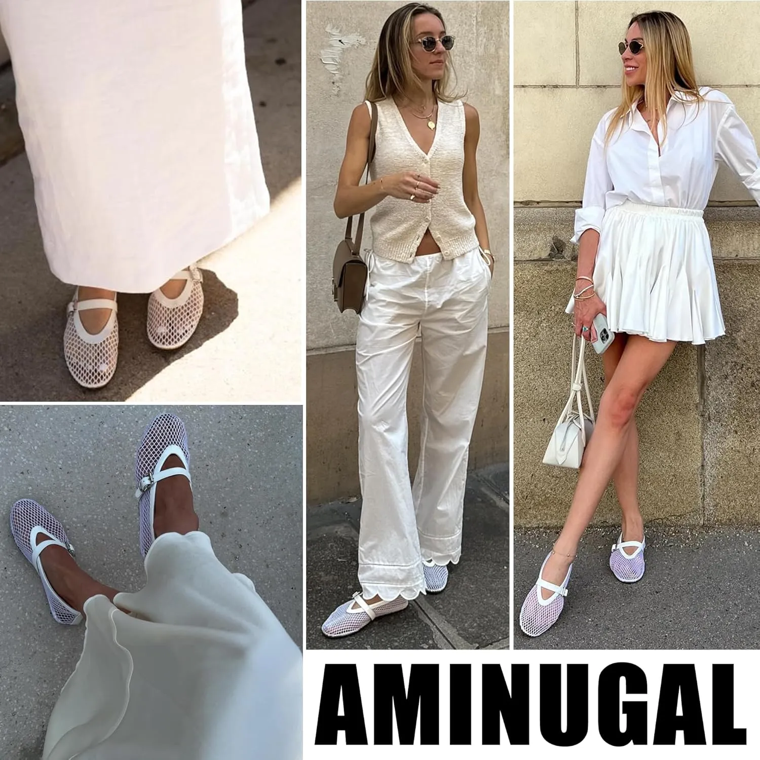 AMINUGAL Mesh Ballet Flats Shoes for Women Fashion Round Toe Fishnet Flats for Women Buckle Strap Mary Jane Shoes Women Comfortable Casual Office Daily Dress Ballerina Shoes