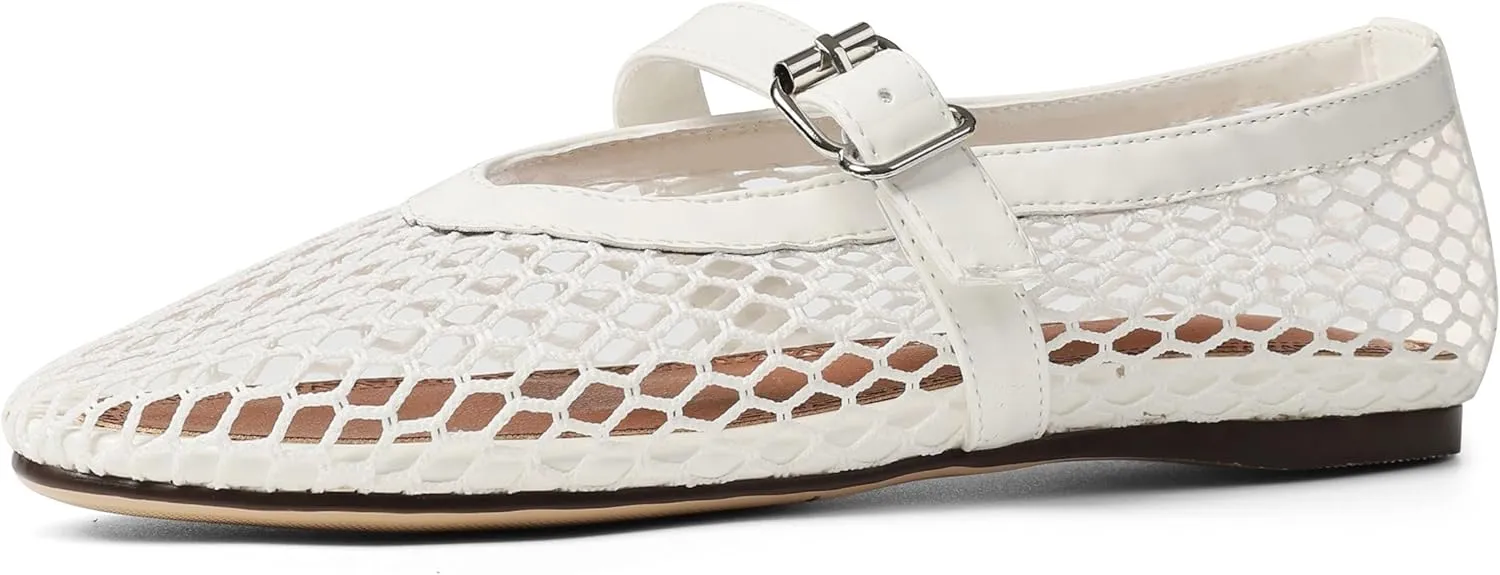 AMINUGAL Mesh Ballet Flats Shoes for Women Fashion Round Toe Fishnet Flats for Women Buckle Strap Mary Jane Shoes Women Comfortable Casual Office Daily Dress Ballerina Shoes